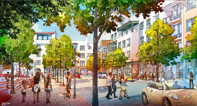 Casa Roseland Rendering, buildings and trees and people
